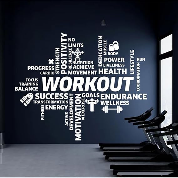 Workout Word Cloud Wall Decal, Gym Motivational Fitness Vinyl Wall Art-White