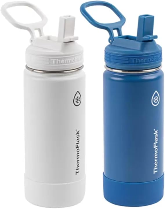 Thermoflask Set of 2 16 oz Stainless Steel Bottles (White/Blue)