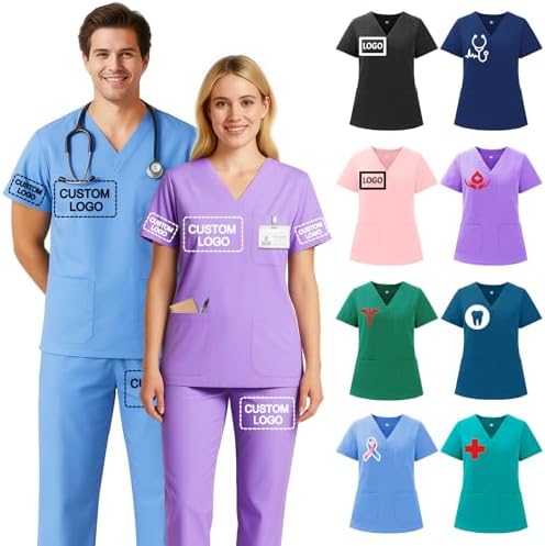 Custom Scrubs for Women Set, Men Nurse Uniform Personalized Medical Scrubs Logo,Name,V-Neck Top,Pants,Pockets,Workwear