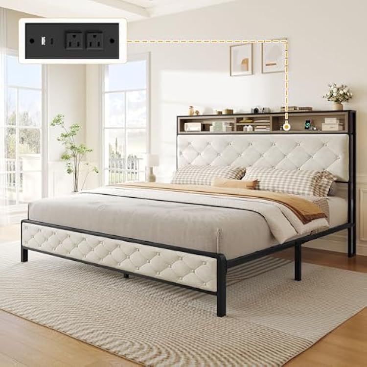 DWVO Queen Size Bed Frame with Charging Station, Upholstered Platform Bed with Storage Headboard, Sturdy Metal Slats, No Box Spring Required Beige