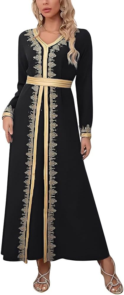 Muslim Abaya for Women Long Sleeve V Neck Maxi Prayer Dresses Arabic Kaftan Dubai Islamic Dress with Belt