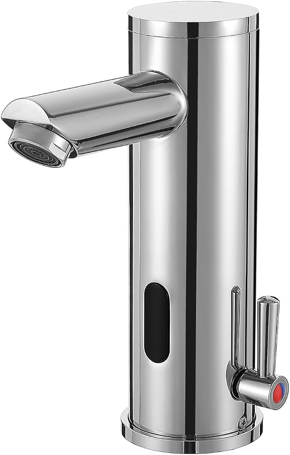 Automatic Touchless Bathroom Sink Faucet Motion Activated Sensor Hands Free Auto Off 1 Hole Commercial Infrared Brass Basin Faucets Adjustable Cold Hot Single Handle Water Mixer（Chrome）