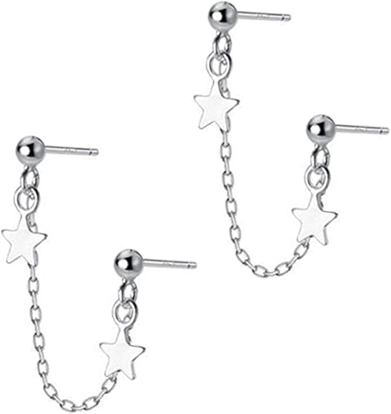 Chain Earrings Star Dangling 925 Sterling Silver Double Piercing Stud Hoop Earring Tassel Chain Dangle Drop Ball Earring for Multiple Piercing Drop Cartilage Helix Earrings for Women Girls