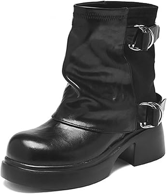 Womens Chunky Heel Fold Over Ankle Boots Comfortable Round Toe Platform Pull On Motorcycle Riding Booties Fashion Buckles Non Slip Lug Sole Short Boot