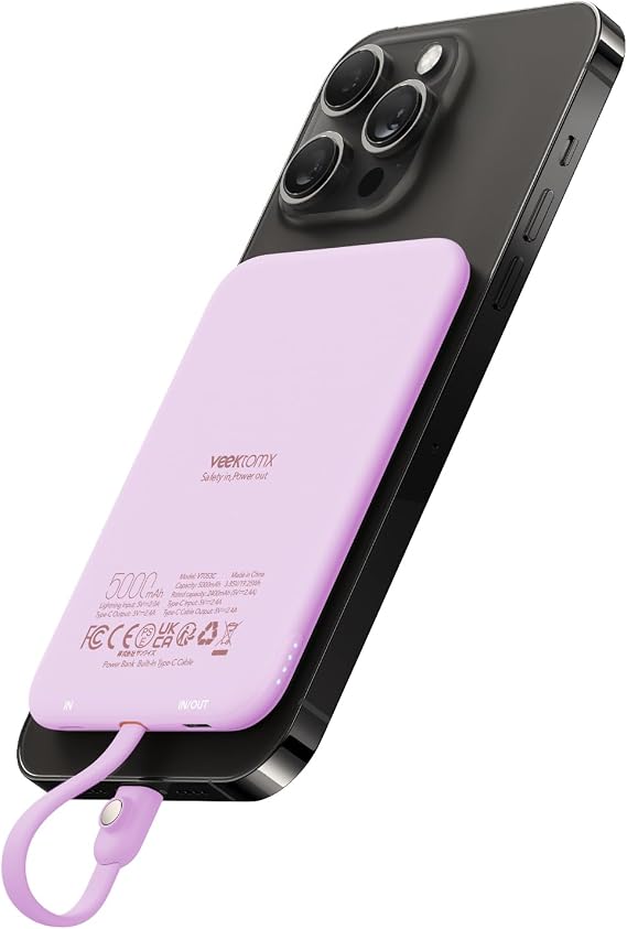 VEEKTOMX Slim Portable Charger, 5000mAh Lightweight Power Bank with Built-in Cable for iPhone, Ultra Thin Battery Pack Compatible with iPhone14/13/12/XS/Pro/Airpods(Non-Wireless Charging), Purple
