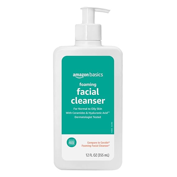 Amazon Basics Foaming Facial Cleanser with Ceramides & Hyaluronic Acid, Gentle Daily Face Wash, Non-Comedogenic, Fragrance-Free, 12 fl oz