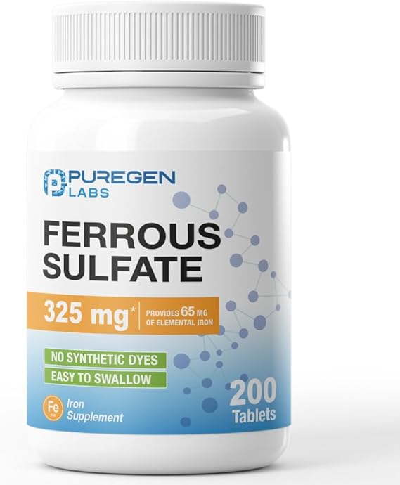 Puregen Labs Ferrous Sulfate 325 mg (65 mg Elemental Iron) High Potency Iron Supplement | No Artificial Color Additives - 200 Tablets