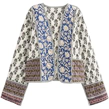 Yimoon Women's Quilted Jacket Lightweight Floral Print Cropped Puffer Coat Short Padded Open Front Winter Outwear