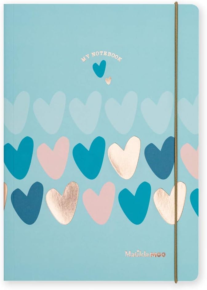 Matilda Moo Notebook - A5 Lined - Hearts - Blue & Rose Gold