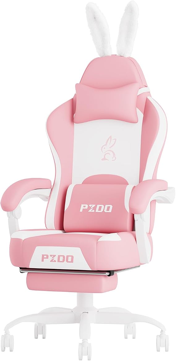 PZDO Pink Gaming Chair,High Back Computer Chair with Footrest, Kawaii Gaming Chairs for Girls Adults Women Kids, Reclining Chairs with Bunny Ear & Lumbar Support, Gift(Pink-White)