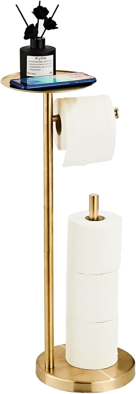 Toilet Paper Holder Free Standing, Brushed Gold Toilet Paper Roll Storage with Reserve and Phone Shelf, Stainless Steel Floor Bathroom Tissue Dispenser and Organizer