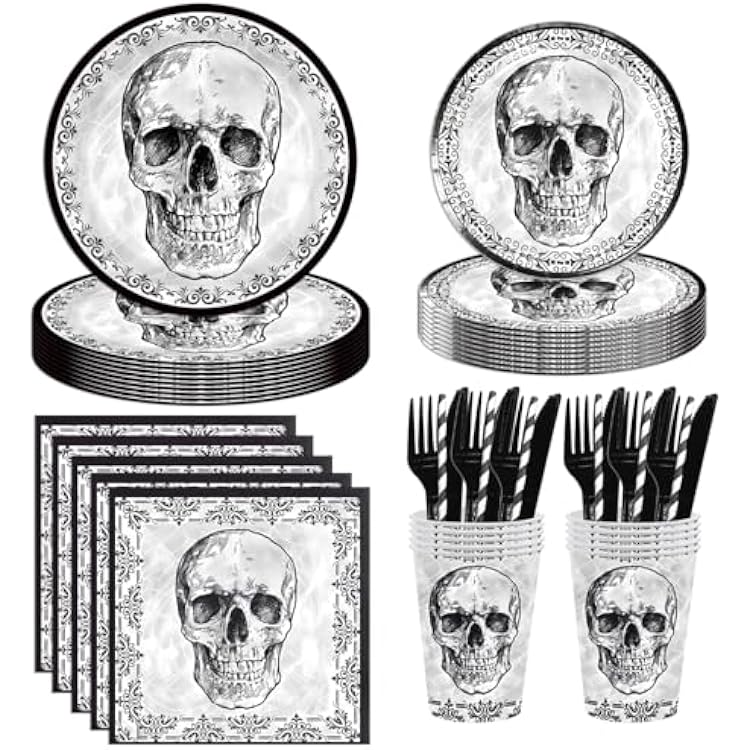 140Pcs Black Skull Birthday Party Decorations for 20 Guests - Halloween Tableware Skull Party Supplies Plates and Napkins Forks Cups Straws for Baby Shower Birthday Decorations