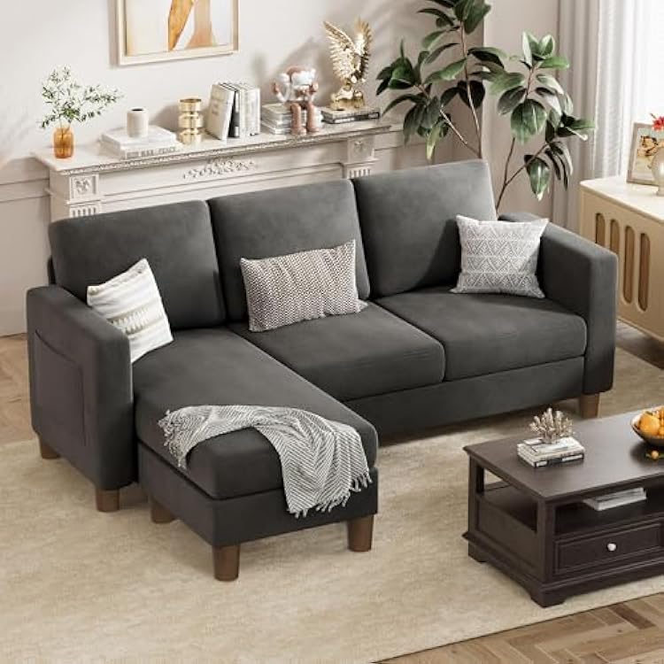 VICTONE Convertible Sectional Sofa Couch, 3 Seat L-Shaped Sofa with Linen Fabric Ottoman Small Couch for Small Apartments, Living Room and Office Linen Fabric, Dark Gray