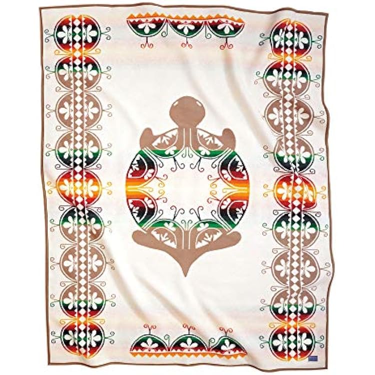 Pendleton The Legendary Collection Jacquard Robe Blanket - 64 x 80, Wool Cotton Throw Blanket, Reversible, Wool Felt Binding, Breathable, Napped, Great for Home and Travel - Creation Turtle