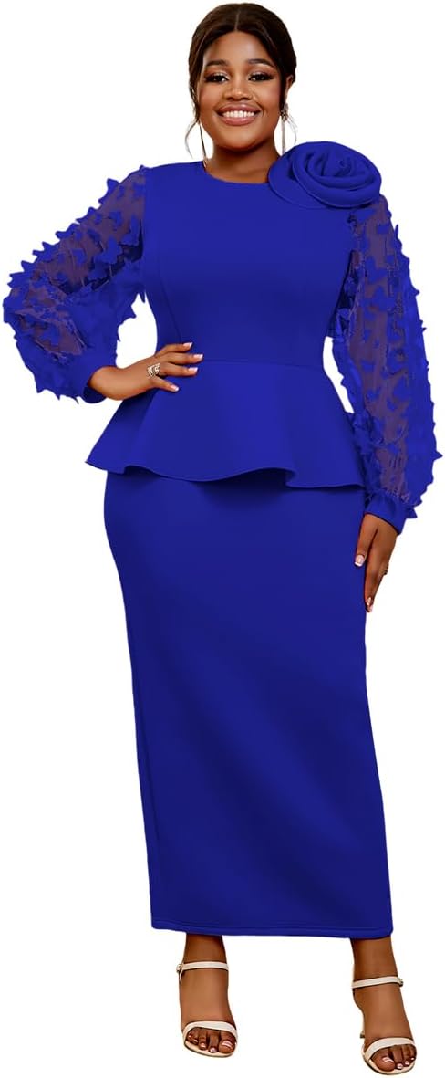 AOMEI Women's Elegant Butterfly Mesh Bishop Long Sleeve Round Neck Peplum Bodycon Evening Cocktail Maxi Dress with Flower