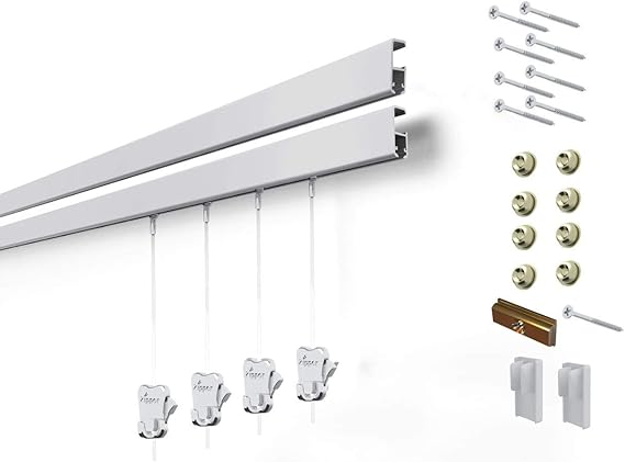 STAS Cliprail Pro Picture Hanging System Set - Covers 19.69 ft of Wall Space - Heavy Duty Picture Rail & Art Hanging Gallery Kit Without Nails - Home or Museum (Matte Silver Rails, 8 Hooks & Cords)