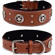 | Genuine Leather Dog Collar | Saddle Grade, Full Grain, Heavy Duty | Stylish, Comfortable, Best for Medium, Large, XL Breeds (M (Neck Size 14.5"-18.5"), Tan & Texas Star Conchos)