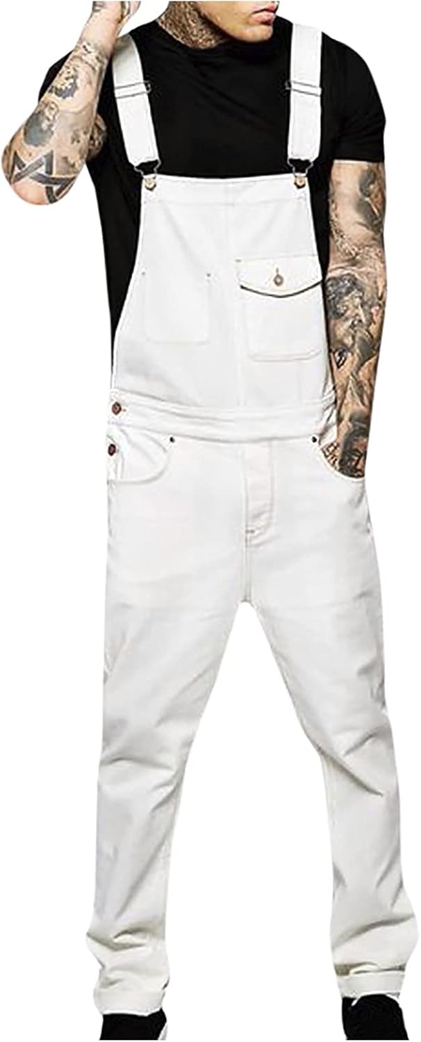 ZONTYSS Mens Khaki Pants,Faux Leather Pants Mens Jeans Wash Overall Jumpsuit Streetwear Suspender Pants Trousers