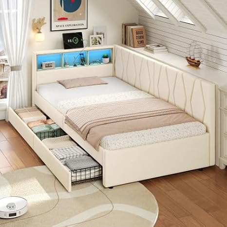 Daybed with 2 Storage Drawers & LED Lighting & Charging Station, 3ft Single Functional Upholstered Bed Frame with Slats, Linen Sofa Bed Guest Bed for Living Room/Bedroom/Study Room, No Mattress, Beige