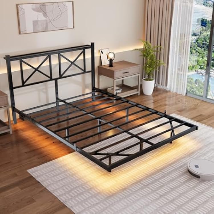 Floating Bed Frame Full with LED Lights, Heavy Duty Metal Platform Bed with Storage Headboard, Smart LED Lights and Charging Station, No Box Spring Needed, Noise-Free, Easy Assembly Black, Full