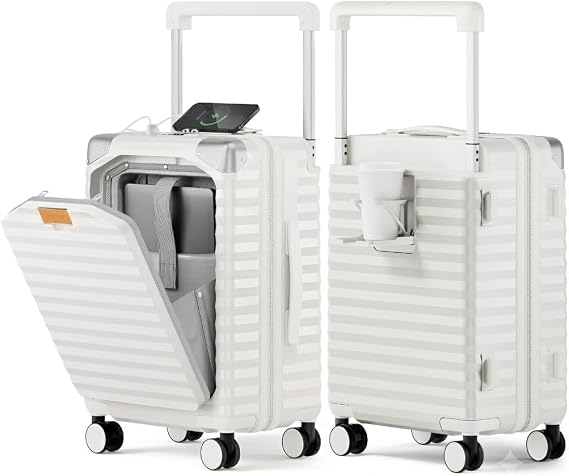 Joyway 20 Inch Carry on Luggage with Front Pocket and Cup Holder, White