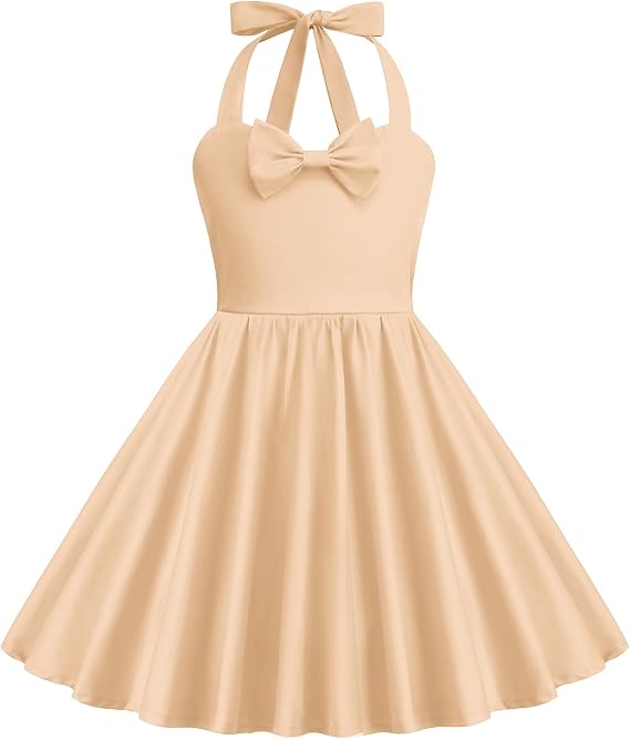1950s Vintage Dresses for Girls Halter Dress Sleeveless Bowknot Heart Neck 4-12 Years
