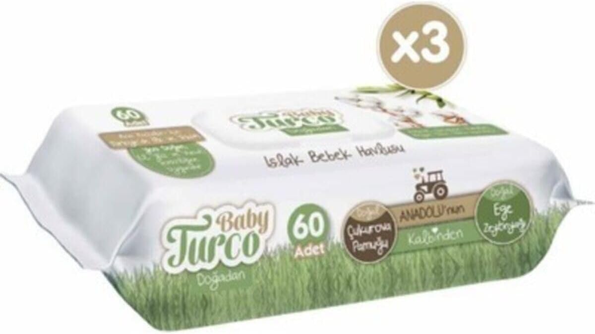 Baby Turco Doğadan Islak Bebek Havlusu, 3'lü paket, 180 Yaprak