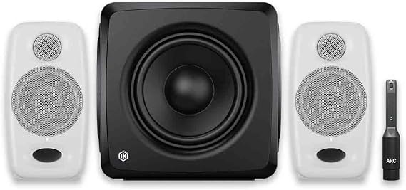 IK Multimedia iLoud Micro Monitor Pro White Pair & iLoud Sub Bundle with ARC X Calibration, 25Hz Bass Extension, Portable Reference Speaker System for Mixing, Production & DJ Setup