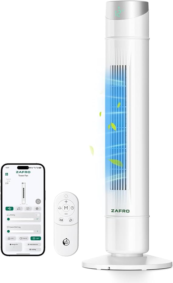 ZAFRO Smart Tower Fan for Bedroom,120 Oscillating Fans that Blow Cold Air | 28ft/s High-Speed 12 Speeds 4 Modes Upgraded DC 22dB Ultra Quiet,App/Voice Control,Standing Fan with 12H Timer,36Inch,White