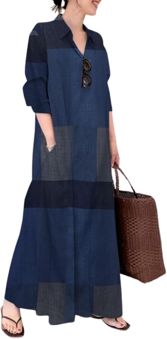 Bengbobar Women's Cotton Linen Dress for Women Long Sleeve Button Down Casual Waist V Neck Ruffled Maxi Dress with Pocket