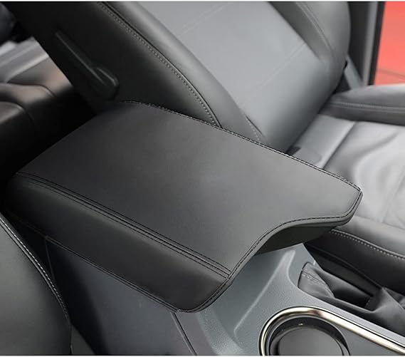 INTGET Center Console Armrest Cover for Ford Ranger Accessories 2019 2020 2021 2022 2023 Interior Leather Middle Console Dog Seat Cover Arm Rest Box Lid Protector(Black Stitches)