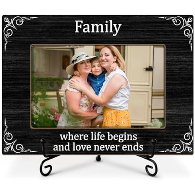 Family Picture Frame - Where Life Begins And Love Never Ends, Wooden Housewarming Gift For Mom & Dad, 4x6 Frame With Stand - Horizontal Tabletop