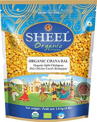 Sheel Organic Chana Dal (Split Chickpeas Without Husk) ~ 4 lbs / 64 Oz / 1.8 kg ~ USDA Certified Organic ~ NON GMO ~ Gluten Friendly ~ 100% Natural ~ Vegan
