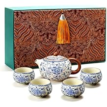 Blue and White Porcelain Teapot and Teacups Set, Ceramic Floral Tea Pot with 4 Tea Cups, Chinese Kungfu Tea Pitcher Sets for Home Office Zen Tea Ceremony, Gift Box Packaging (7.5 oz)