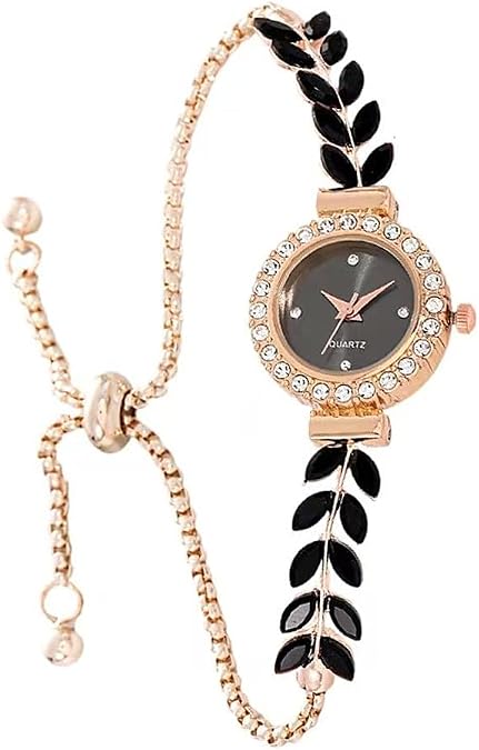 MINILUJIA Elegant Luxury Womens Wrist Watch with Small Gold Dial Bling Green Olive Leaves Rhinestones Watch Band Dress Analog Slim Bracelet Lady Watch Adjustable Strap