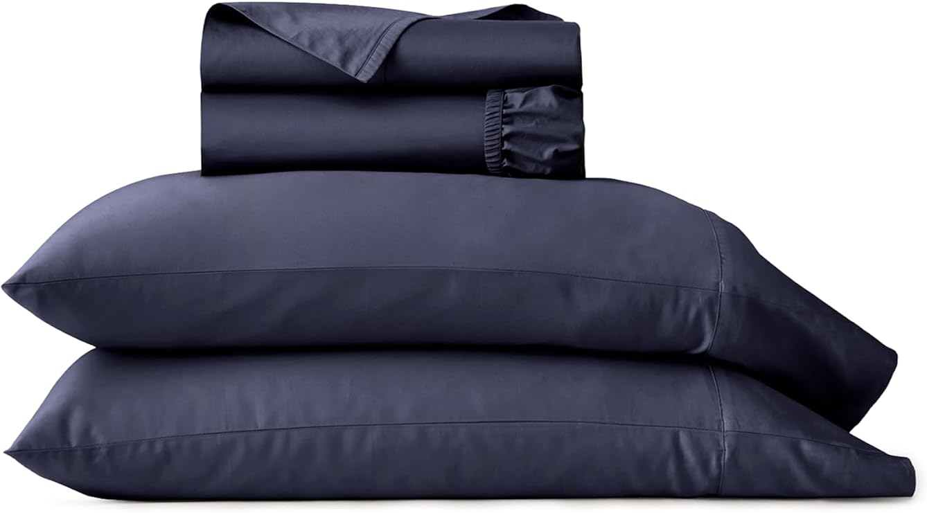 BOLL & BRANCH Percale Hemmed Sheet Set - Cooling Breathable Bed Sheets for Hot Sleepers - Twin, Coastal Navy - Luxury 100% Organic Cotton - 1 Flat, 1 Fitted, 2 Pillowcases