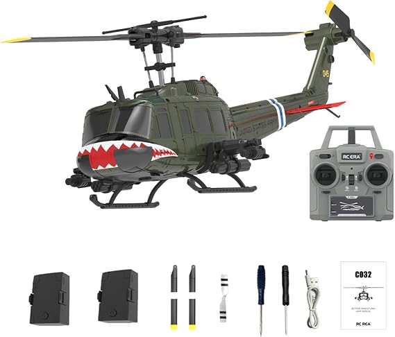 UH-1 Huey RC Helicopter, 1/48 Scale 2.4G 6CH Flybarless RC Helicopter Model with Optical Flow Positioning and 3D Stunt, Indoor Aircraft for Beginner Adults - RTF/Shark Mouth