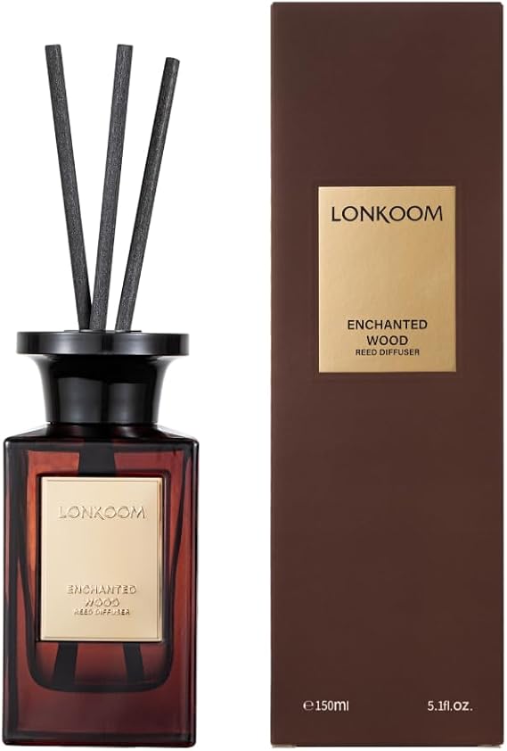 LONKOOM Enchanted Wood Reed Diffuser Set, 5.2 Fl Oz/150ml Scented Diffusers with Sticks for Home Office Bathroom, Oriental Woody Notes of Ginger, Cardamom, Pepper, Water Lily, Orchid, Jasmine, Rose
