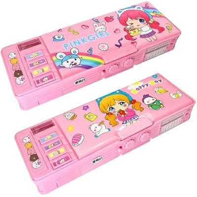 2PackPop Up Multifunction Pencil Case for Girls and Boys, Cute Cartoon Pen Box Organizer Stationery with Lock, Sharpener, Schedule, Whiteboard, School Supplies, Best Gifts for Kids2 Pink