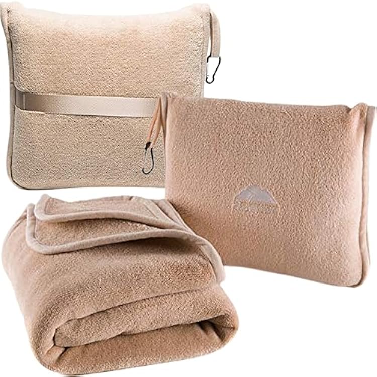 BlueHills Premium Soft Travel Blanket Pillow Airplane Blanket Packed in Soft Bag Pillowcase with Hand Luggage Belt Backpack Clip Compact Pack Large Portable Flight Throw Beige T005