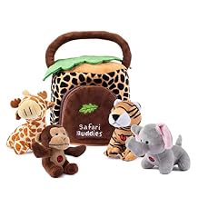 Talking Plush Jungle Animals Set: 4 Soft Safari Toys - Elephant, Monkey, Giraffe, Tiger &amp; Jungle House Carrier