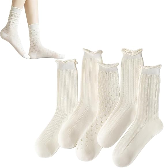 Women's Ruffle Top Cotton Crew Socks, 5 Pairs, White, Knit Pattern Design
