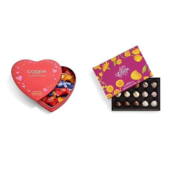 Godiva Chocolate Assorted Masterpiece Heart Tin, 20 Pc + Godiva Signature Chocolate Truffle with Ganache Centers, Spring Lid, 15 Pc Gifting Bundle