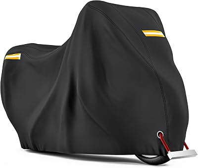 210D Motorcycle Cover All Season Waterproof Breathable Sun Outdoor Protection Three Reflective Tape with Lock-Holes & Storage Bag Bike Scooter Cover Universal Black, 96.64150