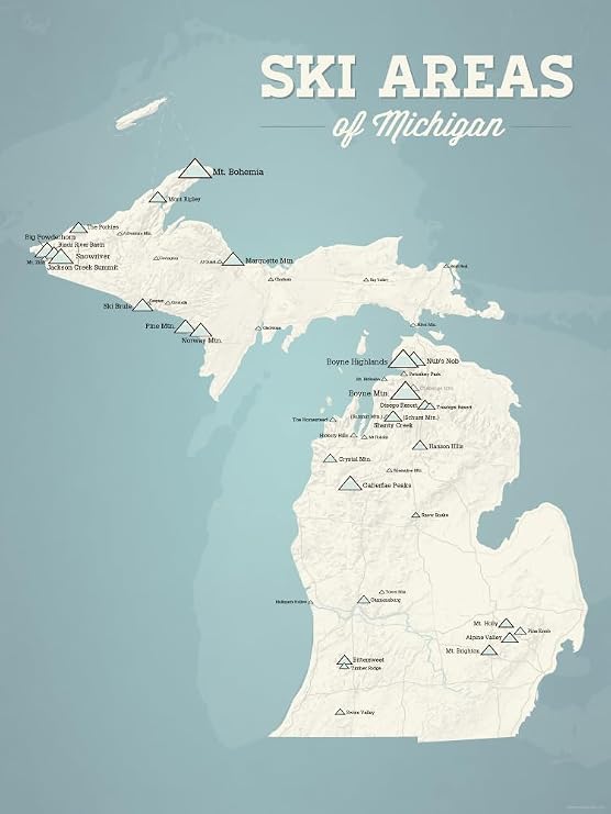 Michigan Ski Resorts Map 18x24 Poster (Beige & Opal Blue)