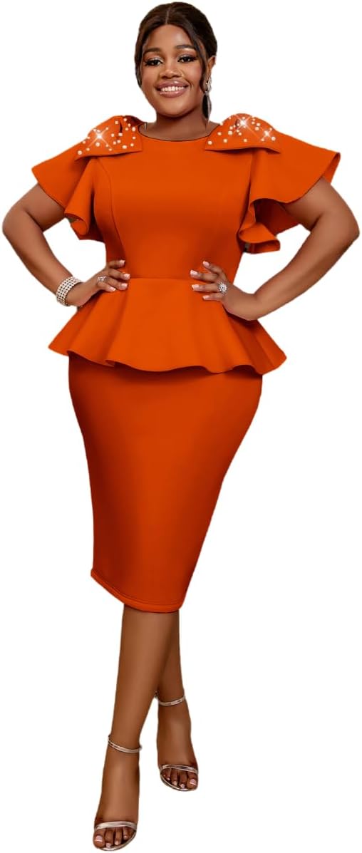 AOMEI Women's Cap Sleeve Beads Bow Ruffle Peplum Bodycon Dress with Slit Round Neck Midi Wedding Party Dresses