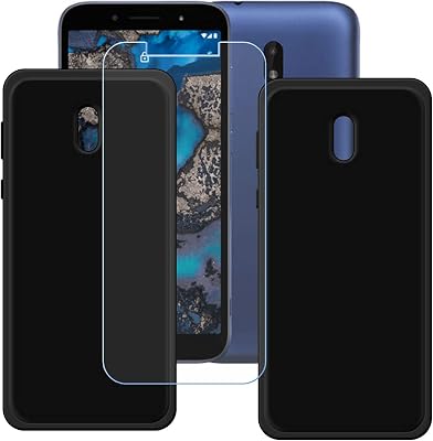 Case for Nokia C1 Plus Cover  Screen Protector Tempered Glass Protective Film - [2 Pack] Soft Gel Black TPU Silicone Protection Case for Nokia C1 Plus 5.45