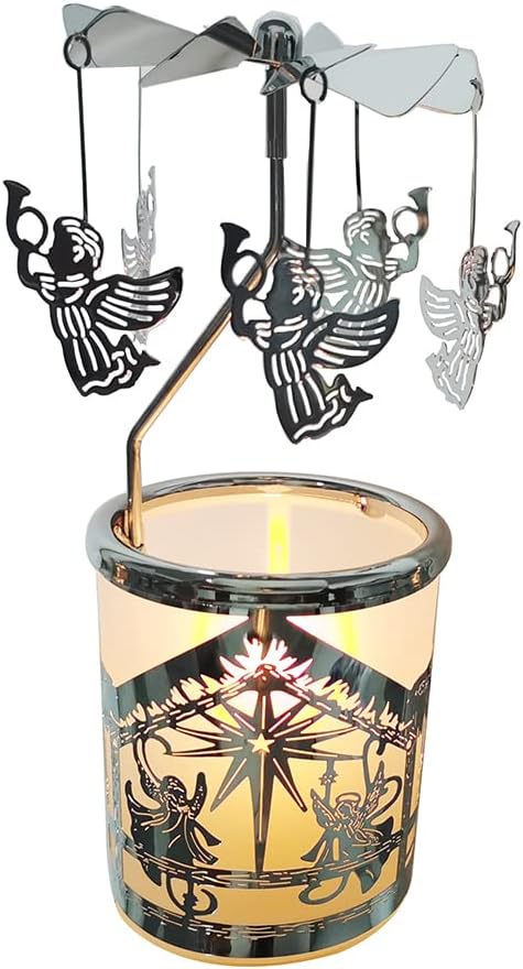 kingnero Carousel Candle Rotary Candle Holder Spinning Candleholder Metal Tea Light Candlestick for Home Decor (Silver Angel)
