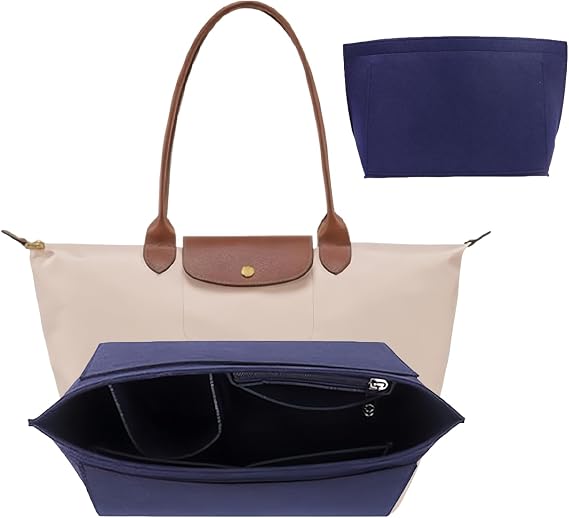 Bag Insert Organizer, Purse Insert Organizer With Zipper, Multi-Pocket Felt Handbag Organize for Inserts Wallet Organizers, Folding Tote Bag organizers inserts for Longchamp (Blue, M)