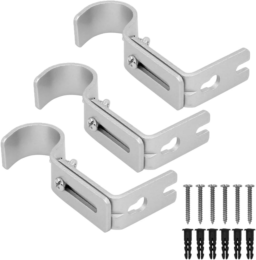 Pack of 3 Silver Adjustable Heavy Duty Durable Metal Single Curtain Drapery Rod Hanging Pole Hardware Bracket Holder with Screw for Wall Mount Windows Blinds